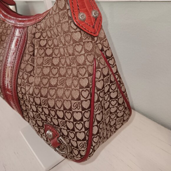 💥 LIKE NEW💥GORGEOUS BRIGHTON RED LEATHER BROWN SIGNATURE CANVAS HOBO BAG - Picture 5 of 8